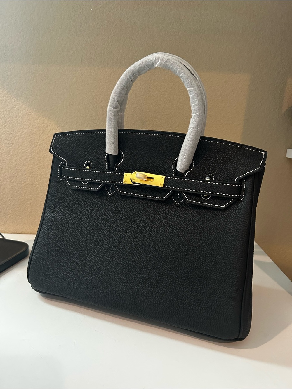 30cm Gold on Black Top Handle Leather Satchel